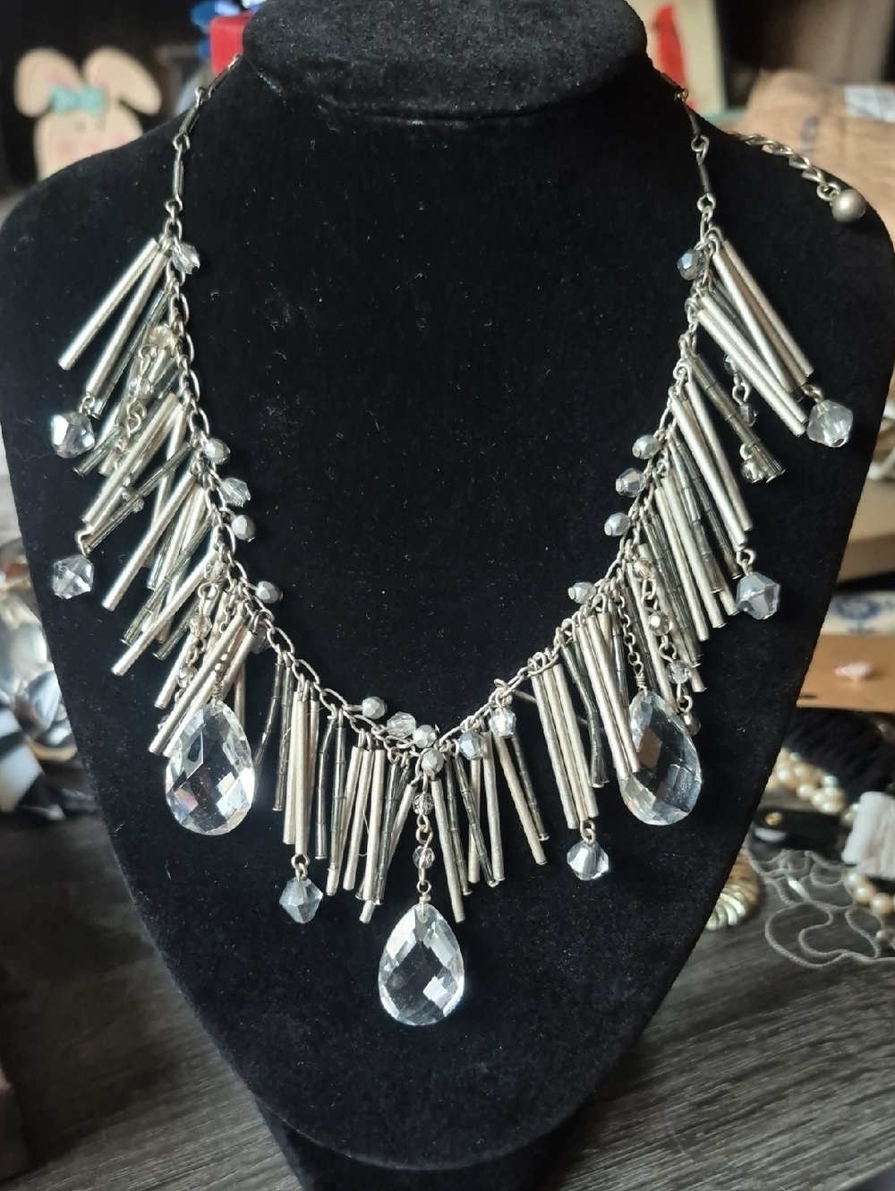 Chico's Silver Crystal Fringe Statement Necklace